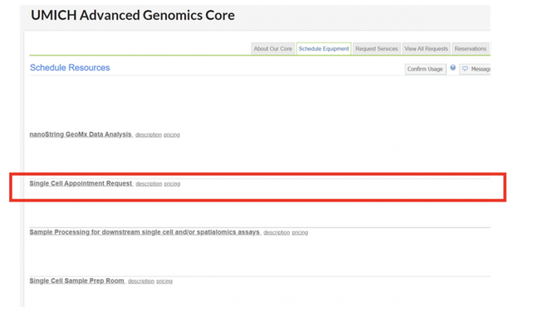 screenshot of options in MiCores, highlighting "Single Cell Appointment Request"