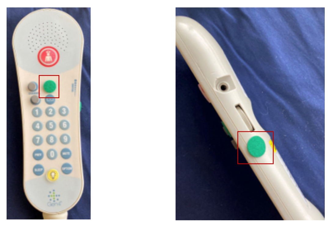 photos of where to apply raised dots to patient's controller with green dot on volume and on/off options