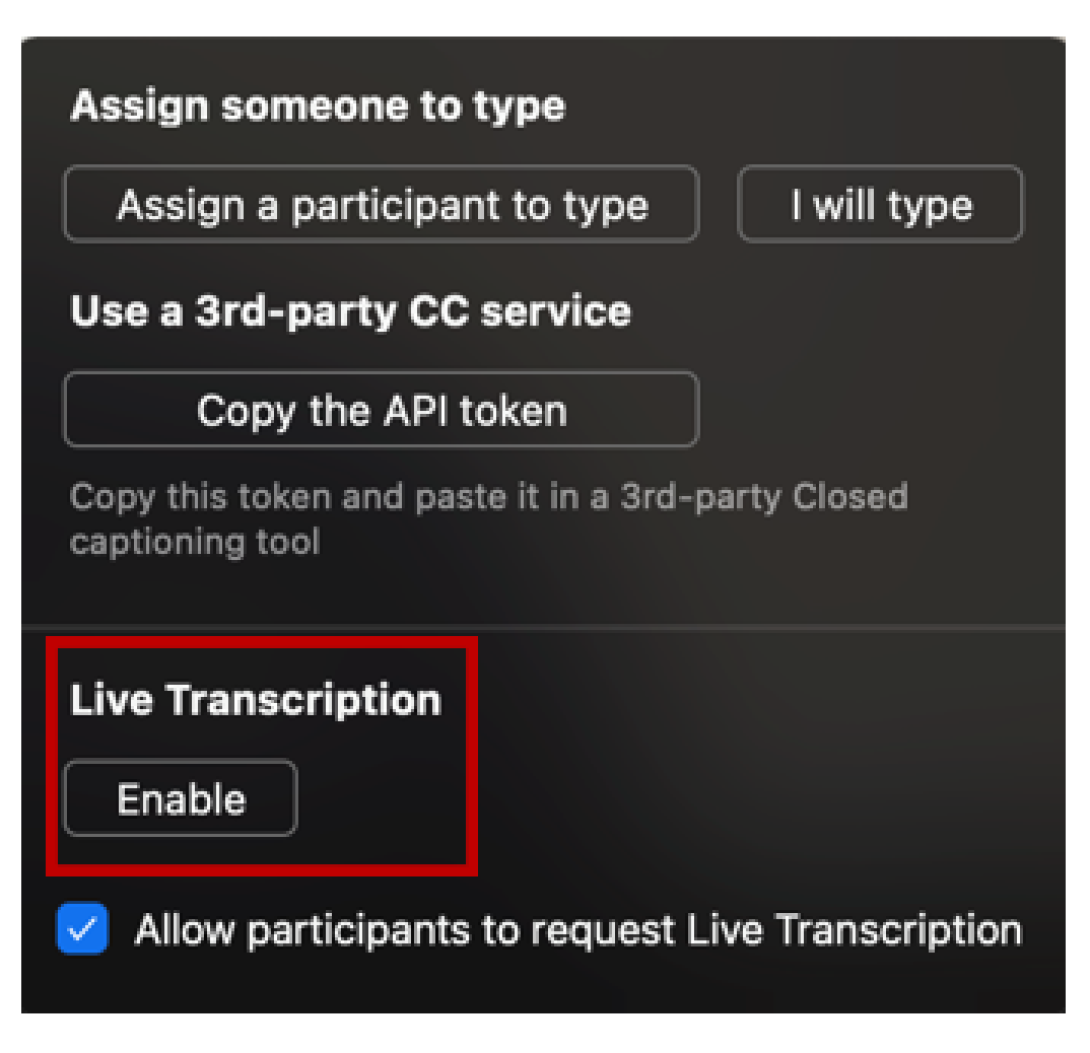 screenshot of how to enable the Live Transcript option in a Zoom meeting